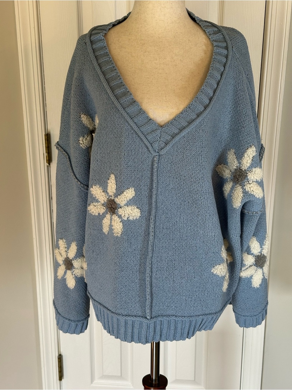 POL Dusty Blue V-Neck Sweater with Daisy Knit Patches